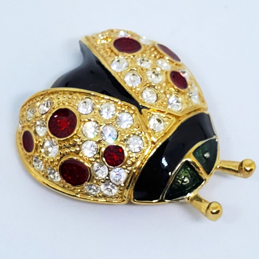 Vintage ROMAN Pave' Rhinestone LADY BUG LADYBUG Enamel Brooch Pin